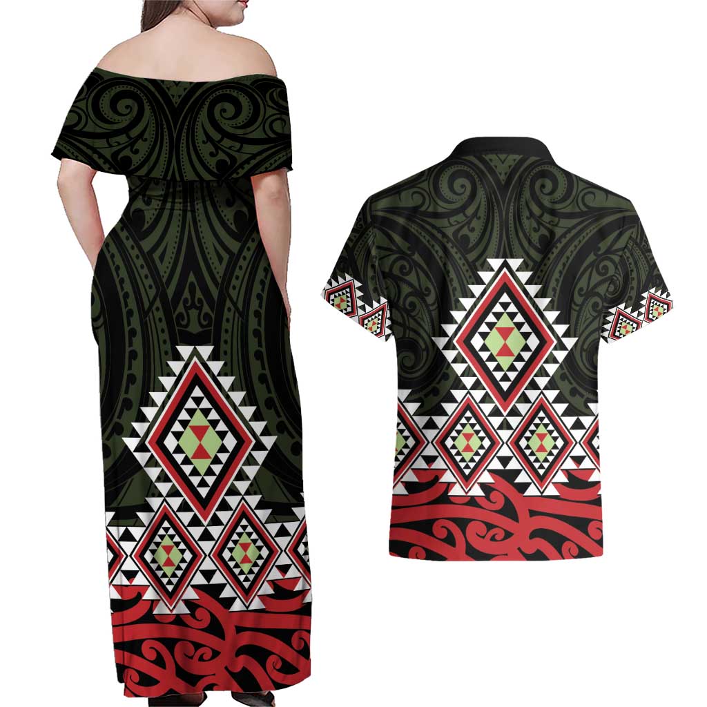 Kia Ora Aotearoa Couples Matching Off Shoulder Maxi Dress and Hawaiian Shirt 2025 Pasifika Maori Taniko Motifs