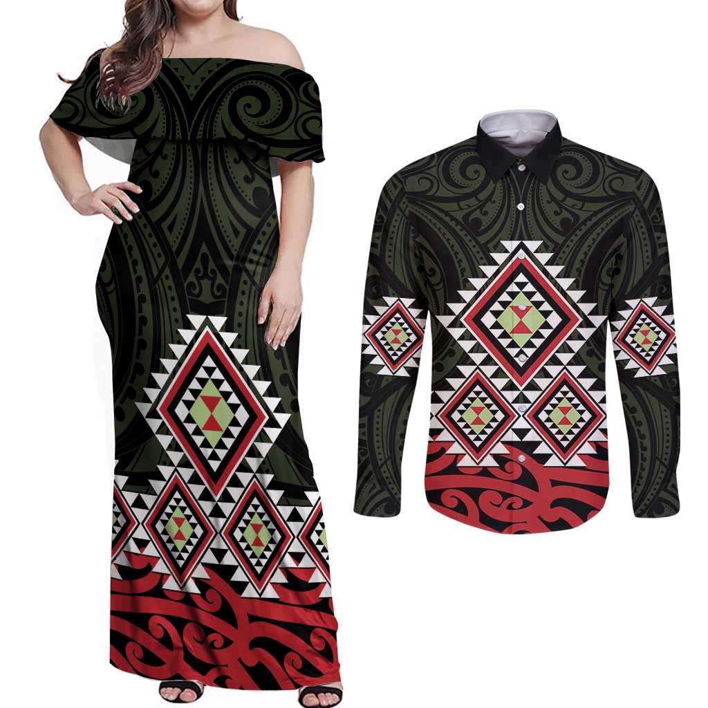 Kia Ora Aotearoa Couples Matching Off Shoulder Maxi Dress and Long Sleeve Button Shirt 2025 Pasifika Maori Taniko Motifs