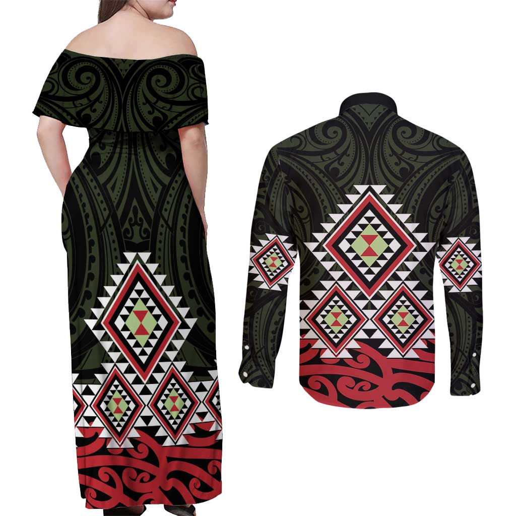 Kia Ora Aotearoa Couples Matching Off Shoulder Maxi Dress and Long Sleeve Button Shirt 2025 Pasifika Maori Taniko Motifs