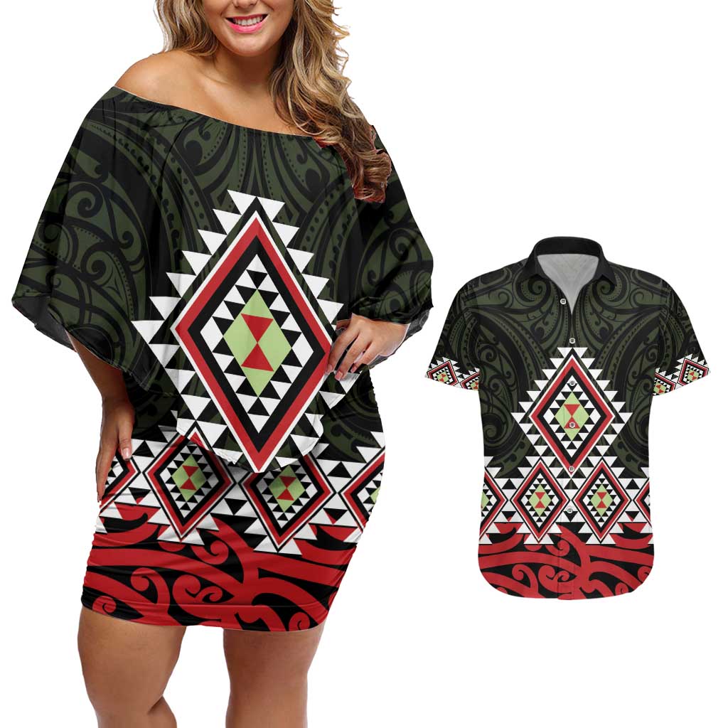 Kia Ora Aotearoa Couples Matching Off Shoulder Short Dress and Hawaiian Shirt 2025 Pasifika Maori Taniko Motifs