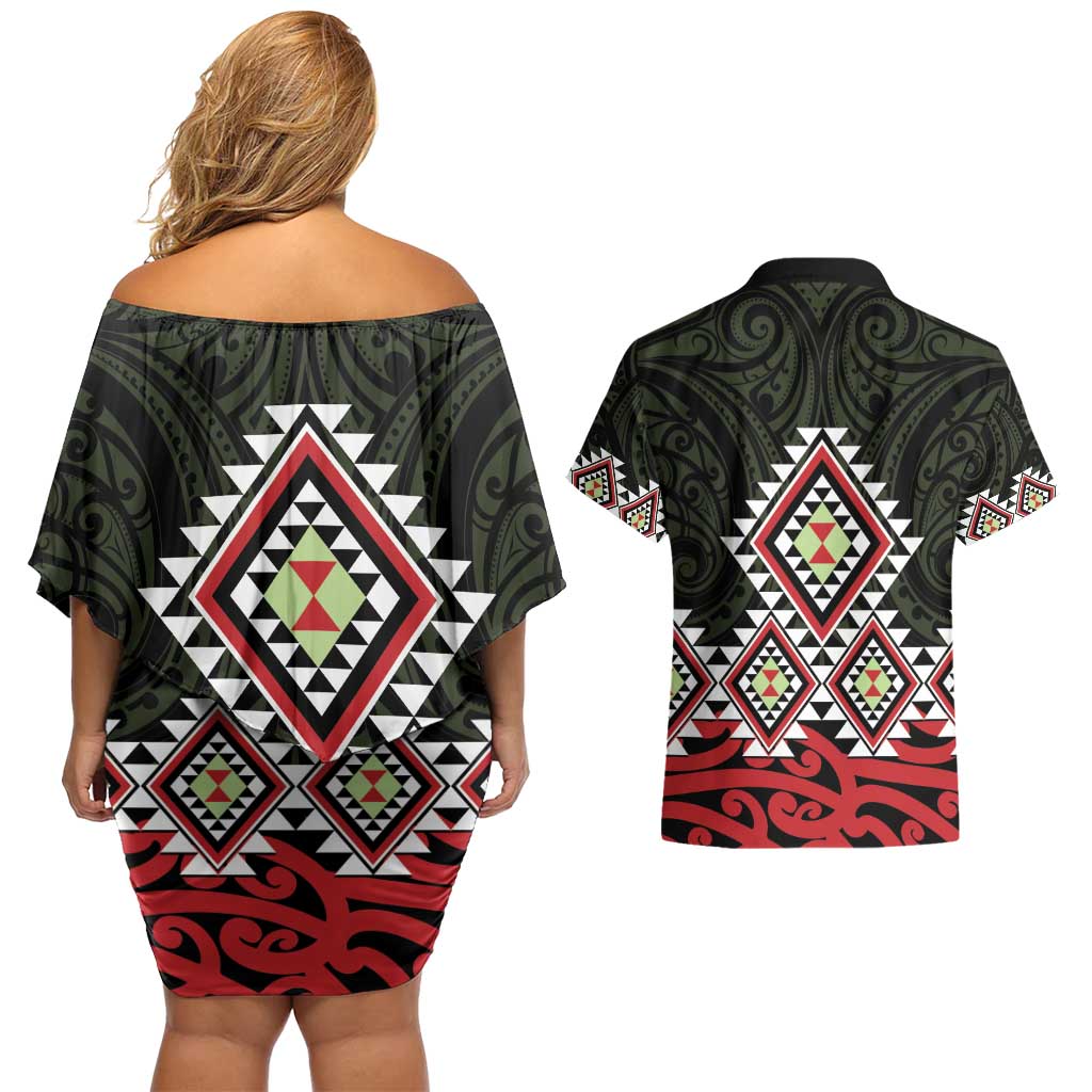 Kia Ora Aotearoa Couples Matching Off Shoulder Short Dress and Hawaiian Shirt 2025 Pasifika Maori Taniko Motifs