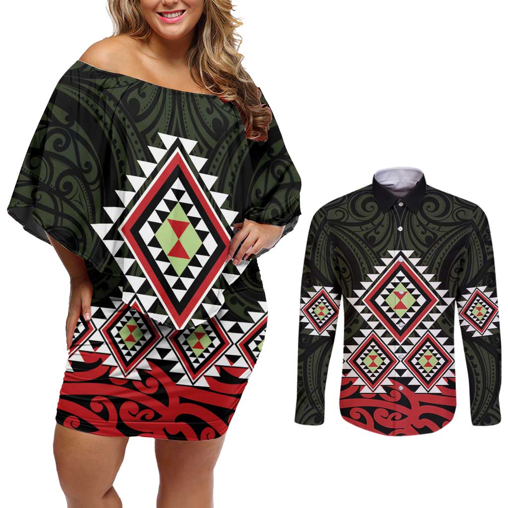 Kia Ora Aotearoa Couples Matching Off Shoulder Short Dress and Long Sleeve Button Shirt 2025 Pasifika Maori Taniko Motifs