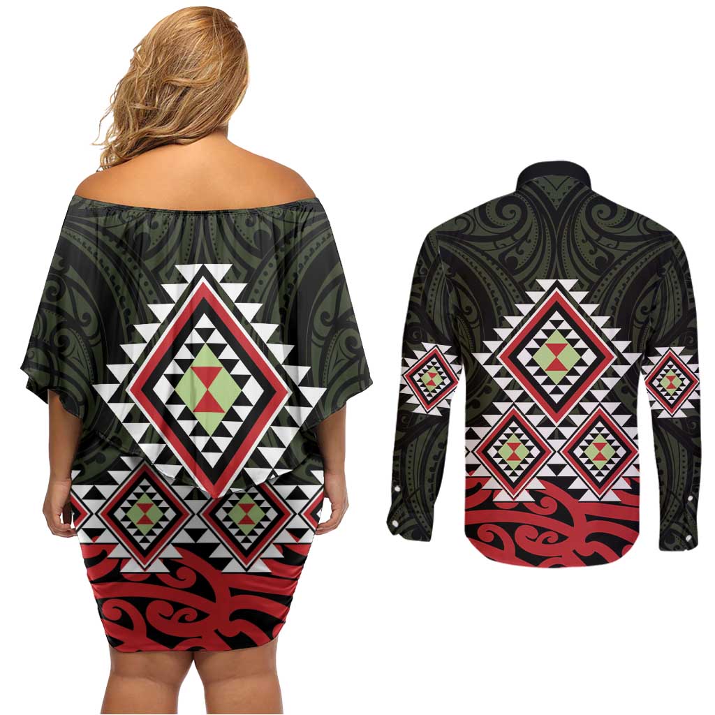 Kia Ora Aotearoa Couples Matching Off Shoulder Short Dress and Long Sleeve Button Shirt 2025 Pasifika Maori Taniko Motifs