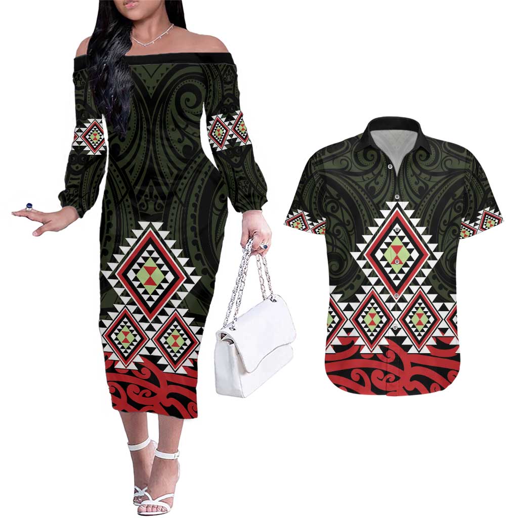 Kia Ora Aotearoa Couples Matching Off The Shoulder Long Sleeve Dress and Hawaiian Shirt 2025 Pasifika Maori Taniko Motifs