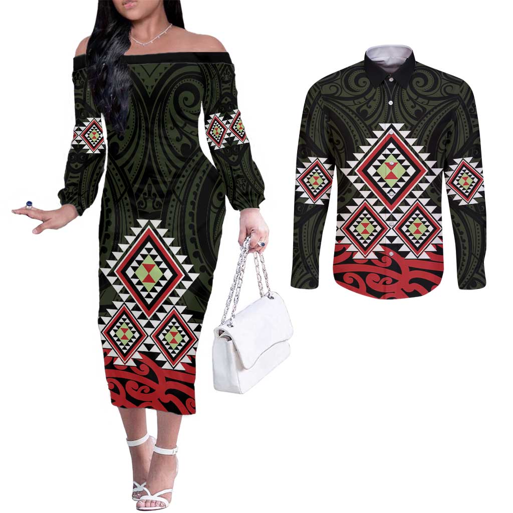 Kia Ora Aotearoa Couples Matching Off The Shoulder Long Sleeve Dress and Long Sleeve Button Shirt 2025 Pasifika Maori Taniko Motifs