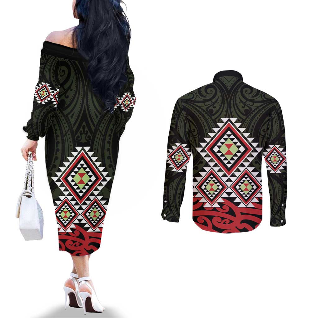 Kia Ora Aotearoa Couples Matching Off The Shoulder Long Sleeve Dress and Long Sleeve Button Shirt 2025 Pasifika Maori Taniko Motifs