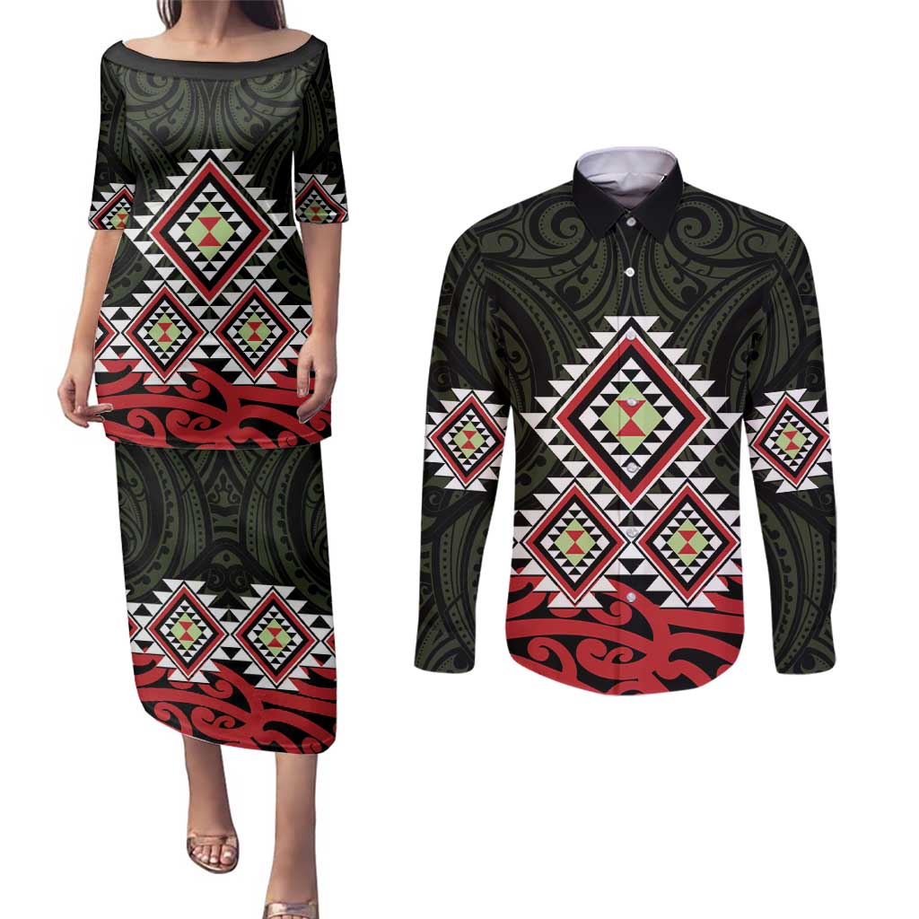 Kia Ora Aotearoa Couples Matching Puletasi and Long Sleeve Button Shirt 2025 Pasifika Maori Taniko Motifs