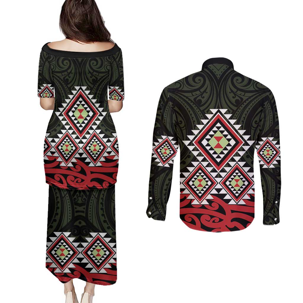 Kia Ora Aotearoa Couples Matching Puletasi and Long Sleeve Button Shirt 2025 Pasifika Maori Taniko Motifs