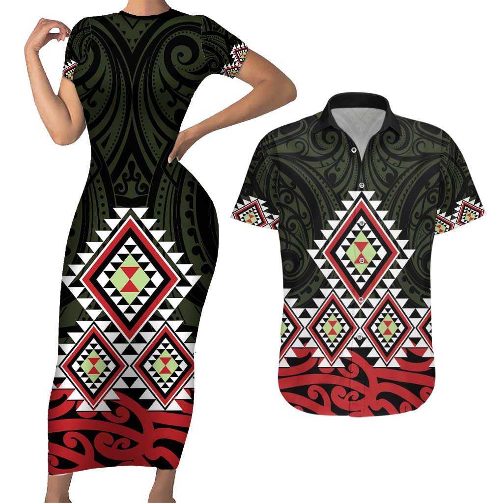 Kia Ora Aotearoa Couples Matching Short Sleeve Bodycon Dress and Hawaiian Shirt 2025 Pasifika Maori Taniko Motifs