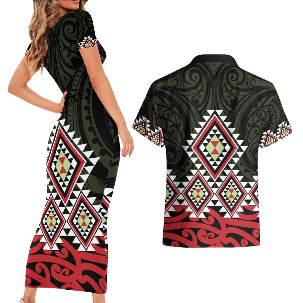 Kia Ora Aotearoa Couples Matching Short Sleeve Bodycon Dress and Hawaiian Shirt 2025 Pasifika Maori Taniko Motifs