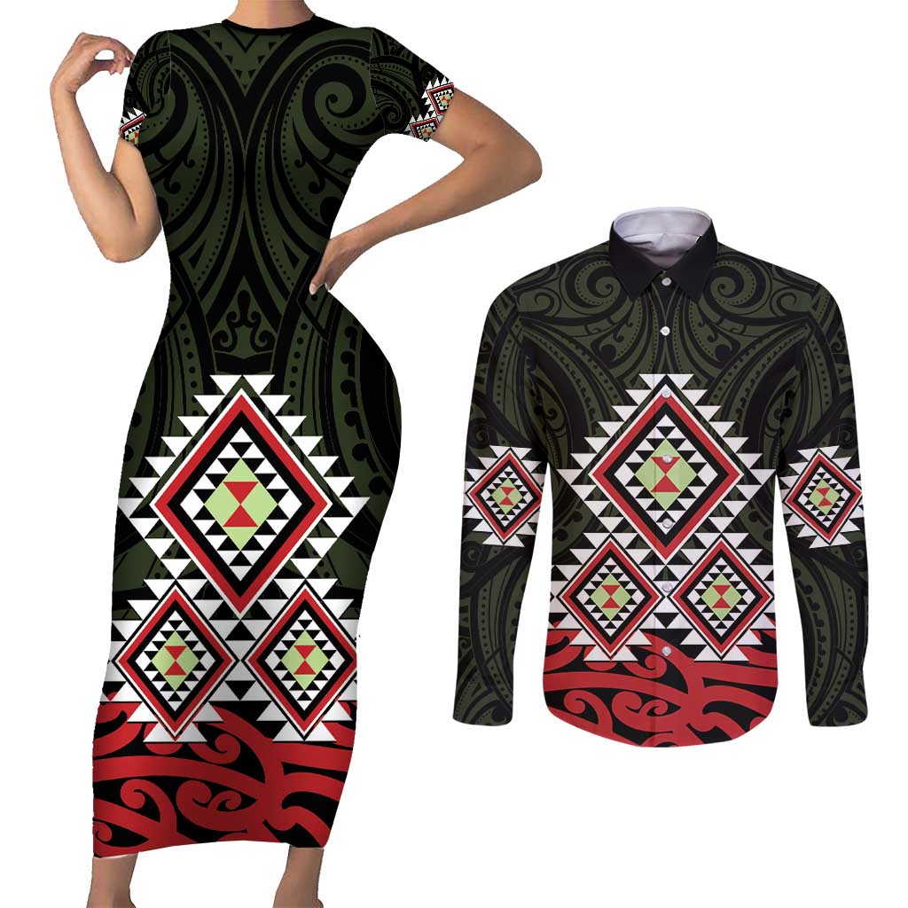 Kia Ora Aotearoa Couples Matching Short Sleeve Bodycon Dress and Long Sleeve Button Shirt 2025 Pasifika Maori Taniko Motifs