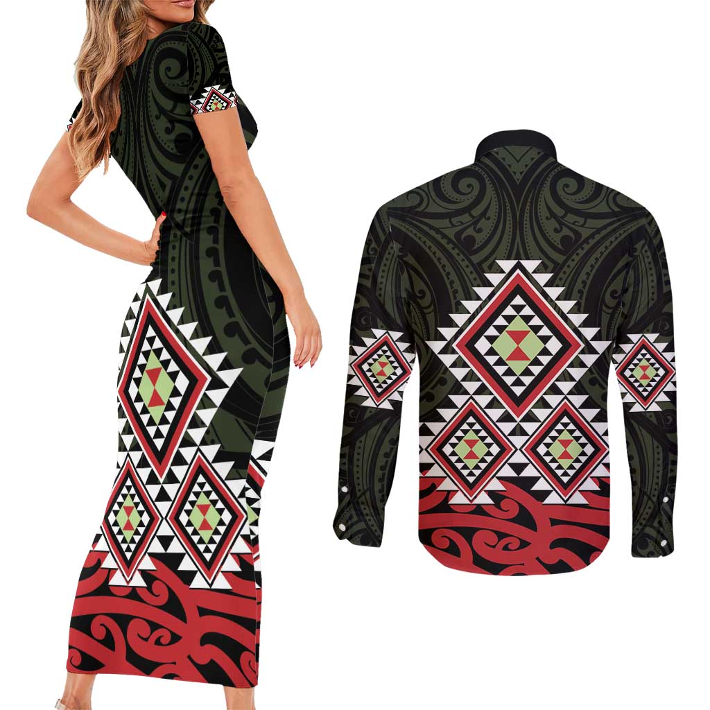Kia Ora Aotearoa Couples Matching Short Sleeve Bodycon Dress and Long Sleeve Button Shirt 2025 Pasifika Maori Taniko Motifs