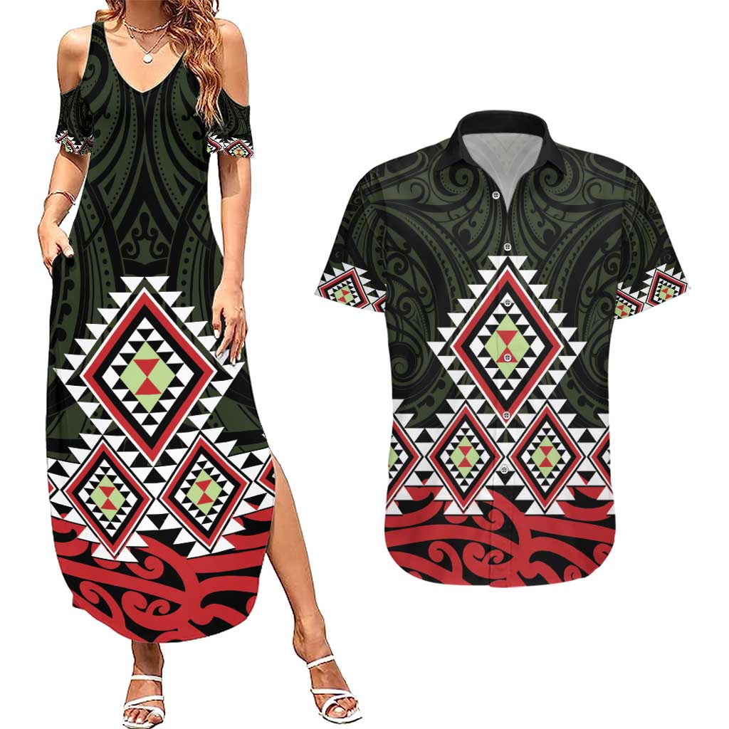 Kia Ora Aotearoa Couples Matching Summer Maxi Dress and Hawaiian Shirt 2025 Pasifika Maori Taniko Motifs