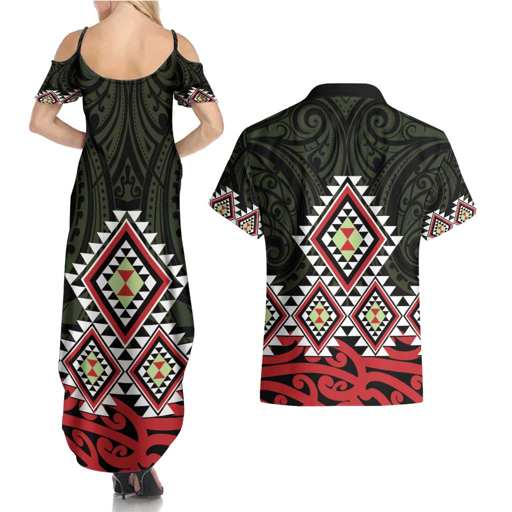 Kia Ora Aotearoa Couples Matching Summer Maxi Dress and Hawaiian Shirt 2025 Pasifika Maori Taniko Motifs