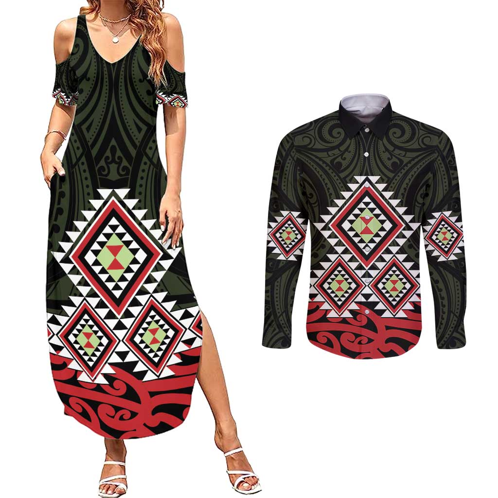 Kia Ora Aotearoa Couples Matching Summer Maxi Dress and Long Sleeve Button Shirt 2025 Pasifika Maori Taniko Motifs