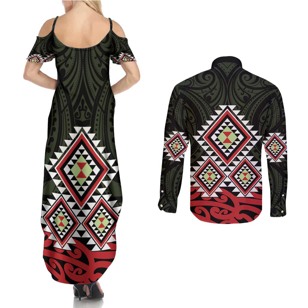 Kia Ora Aotearoa Couples Matching Summer Maxi Dress and Long Sleeve Button Shirt 2025 Pasifika Maori Taniko Motifs