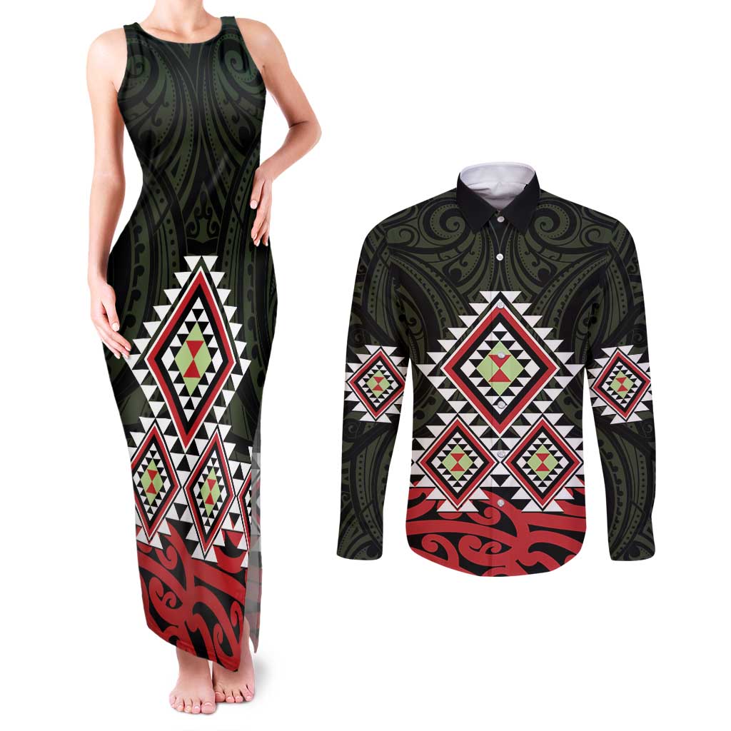 Kia Ora Aotearoa Couples Matching Tank Maxi Dress and Long Sleeve Button Shirt 2025 Pasifika Maori Taniko Motifs