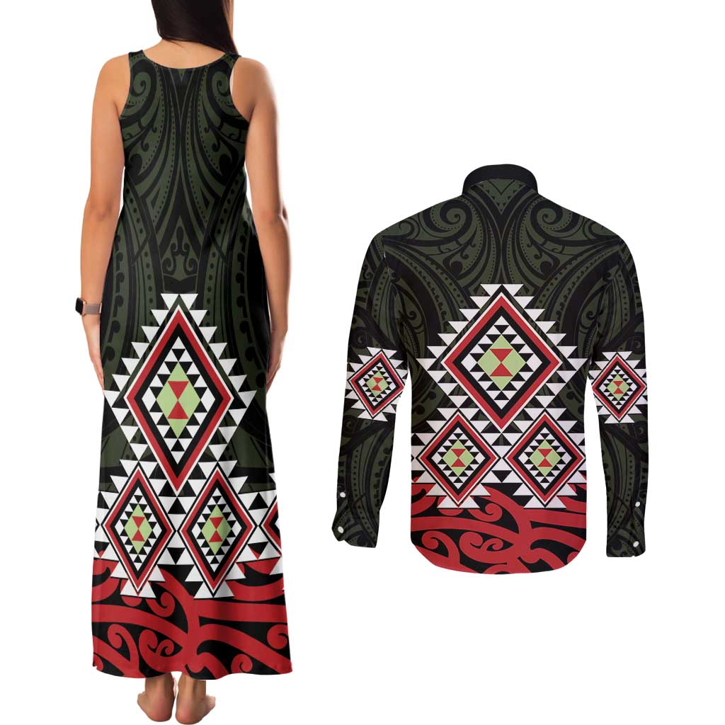 Kia Ora Aotearoa Couples Matching Tank Maxi Dress and Long Sleeve Button Shirt 2025 Pasifika Maori Taniko Motifs