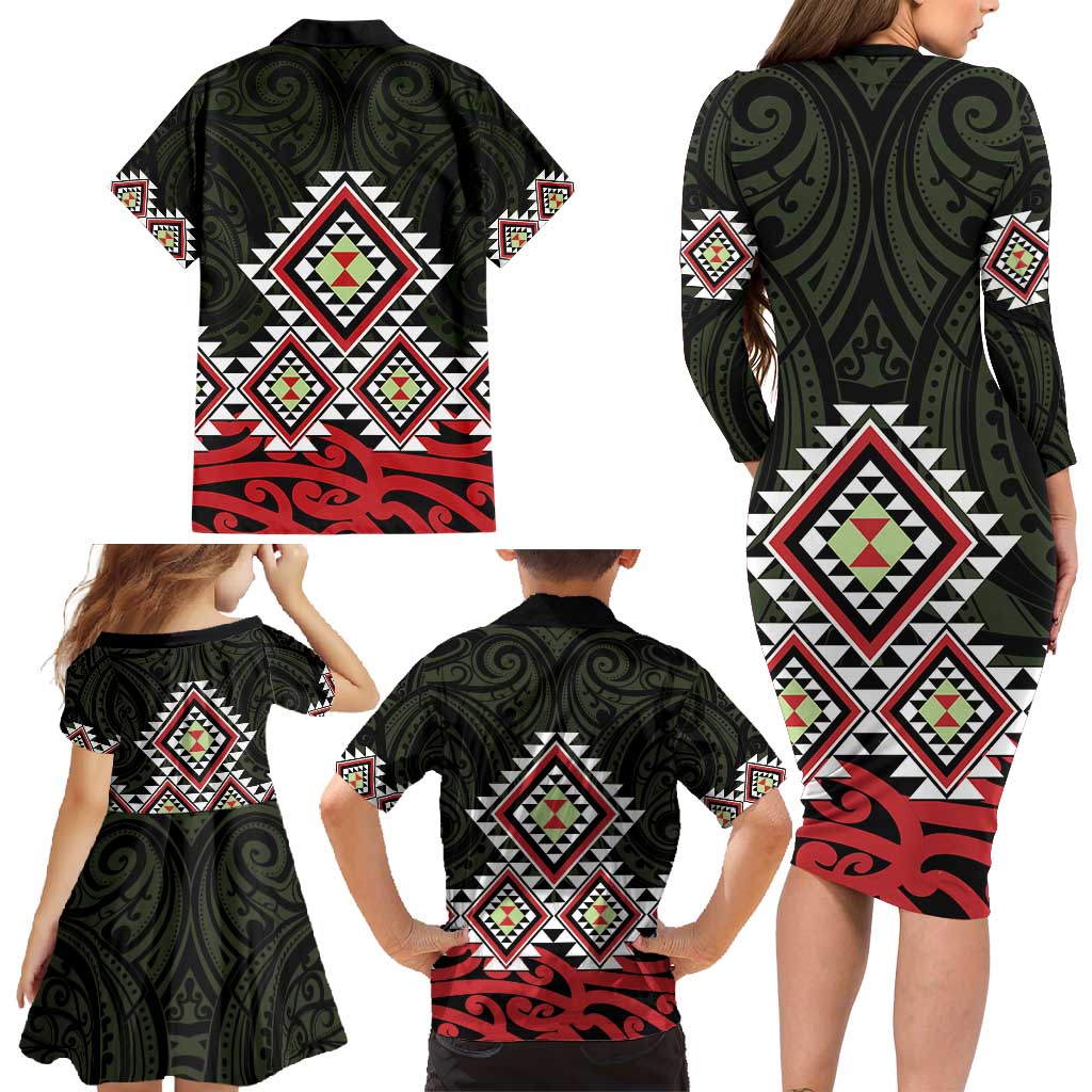 Kia Ora Aotearoa Family Matching Long Sleeve Bodycon Dress and Hawaiian Shirt 2025 Pasifika Maori Taniko Motifs