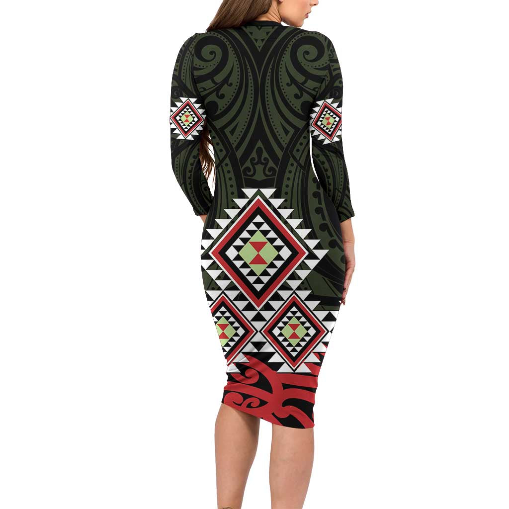 Kia Ora Aotearoa Family Matching Long Sleeve Bodycon Dress and Hawaiian Shirt 2025 Pasifika Maori Taniko Motifs