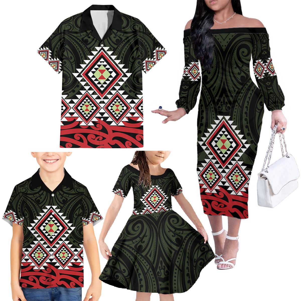 Kia Ora Aotearoa Family Matching Off The Shoulder Long Sleeve Dress and Hawaiian Shirt 2025 Pasifika Maori Taniko Motifs