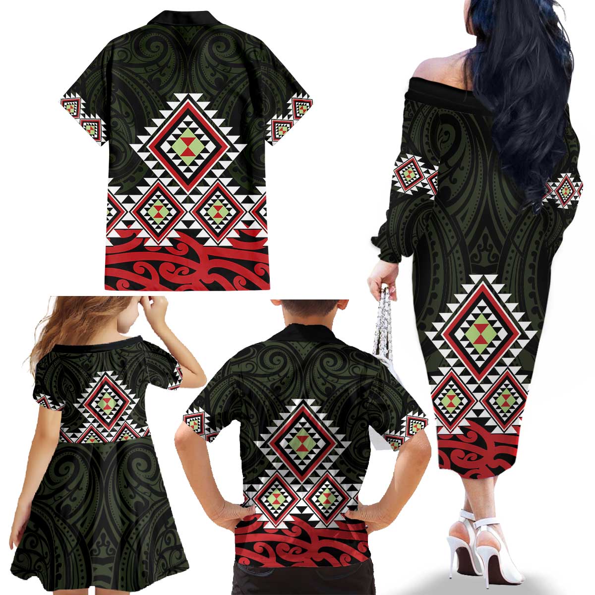 Kia Ora Aotearoa Family Matching Off The Shoulder Long Sleeve Dress and Hawaiian Shirt 2025 Pasifika Maori Taniko Motifs