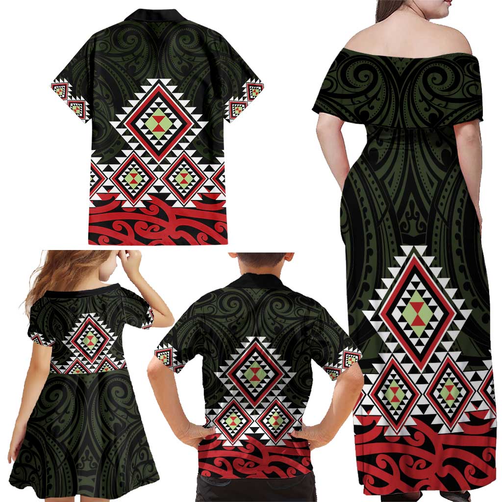 Kia Ora Aotearoa Family Matching Off Shoulder Maxi Dress and Hawaiian Shirt 2025 Pasifika Maori Taniko Motifs