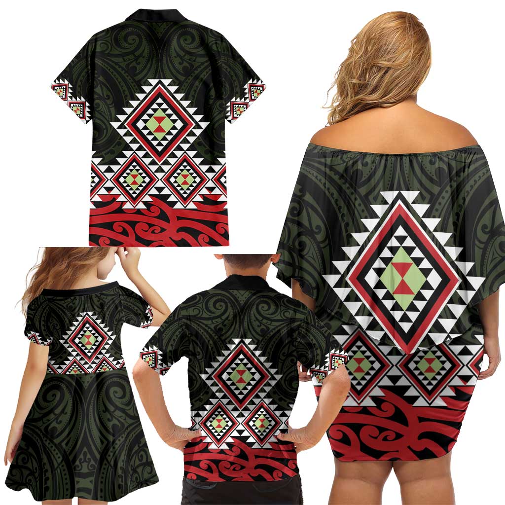 Kia Ora Aotearoa Family Matching Off Shoulder Short Dress and Hawaiian Shirt 2025 Pasifika Maori Taniko Motifs