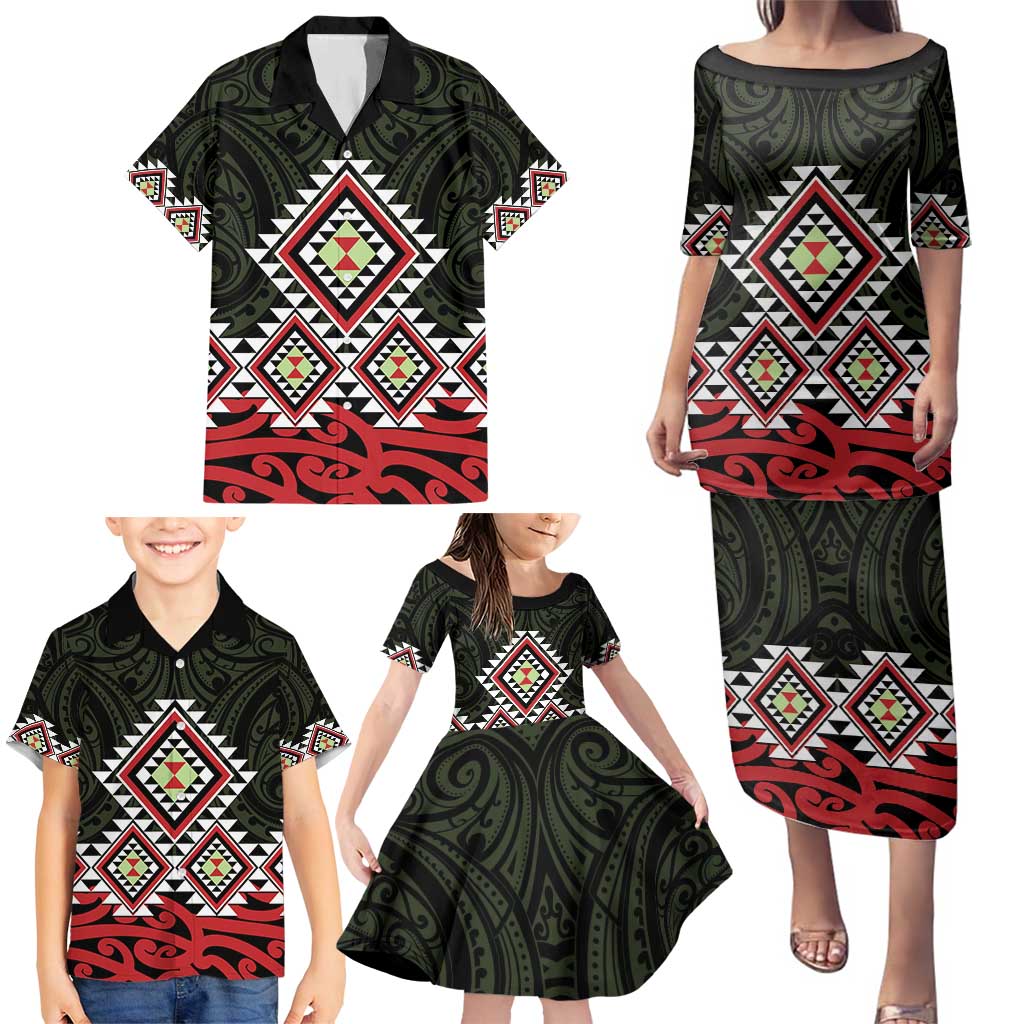 Kia Ora Aotearoa Family Matching Puletasi and Hawaiian Shirt 2025 Pasifika Maori Taniko Motifs