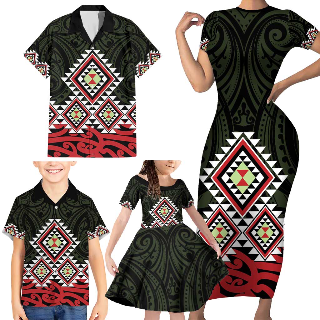 Kia Ora Aotearoa Family Matching Short Sleeve Bodycon Dress and Hawaiian Shirt 2025 Pasifika Maori Taniko Motifs