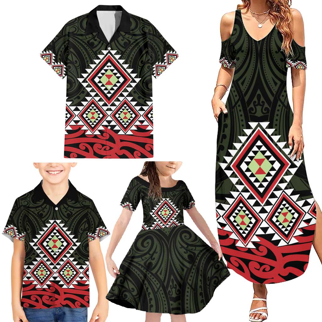 Kia Ora Aotearoa Family Matching Summer Maxi Dress and Hawaiian Shirt 2025 Pasifika Maori Taniko Motifs