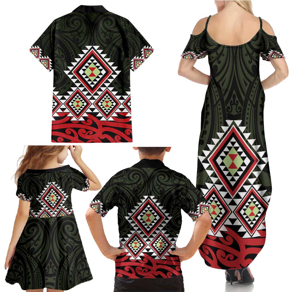 Kia Ora Aotearoa Family Matching Summer Maxi Dress and Hawaiian Shirt 2025 Pasifika Maori Taniko Motifs