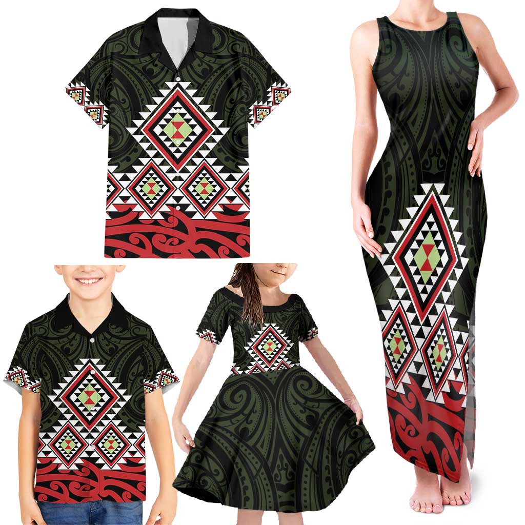 Kia Ora Aotearoa Family Matching Tank Maxi Dress and Hawaiian Shirt 2025 Pasifika Maori Taniko Motifs