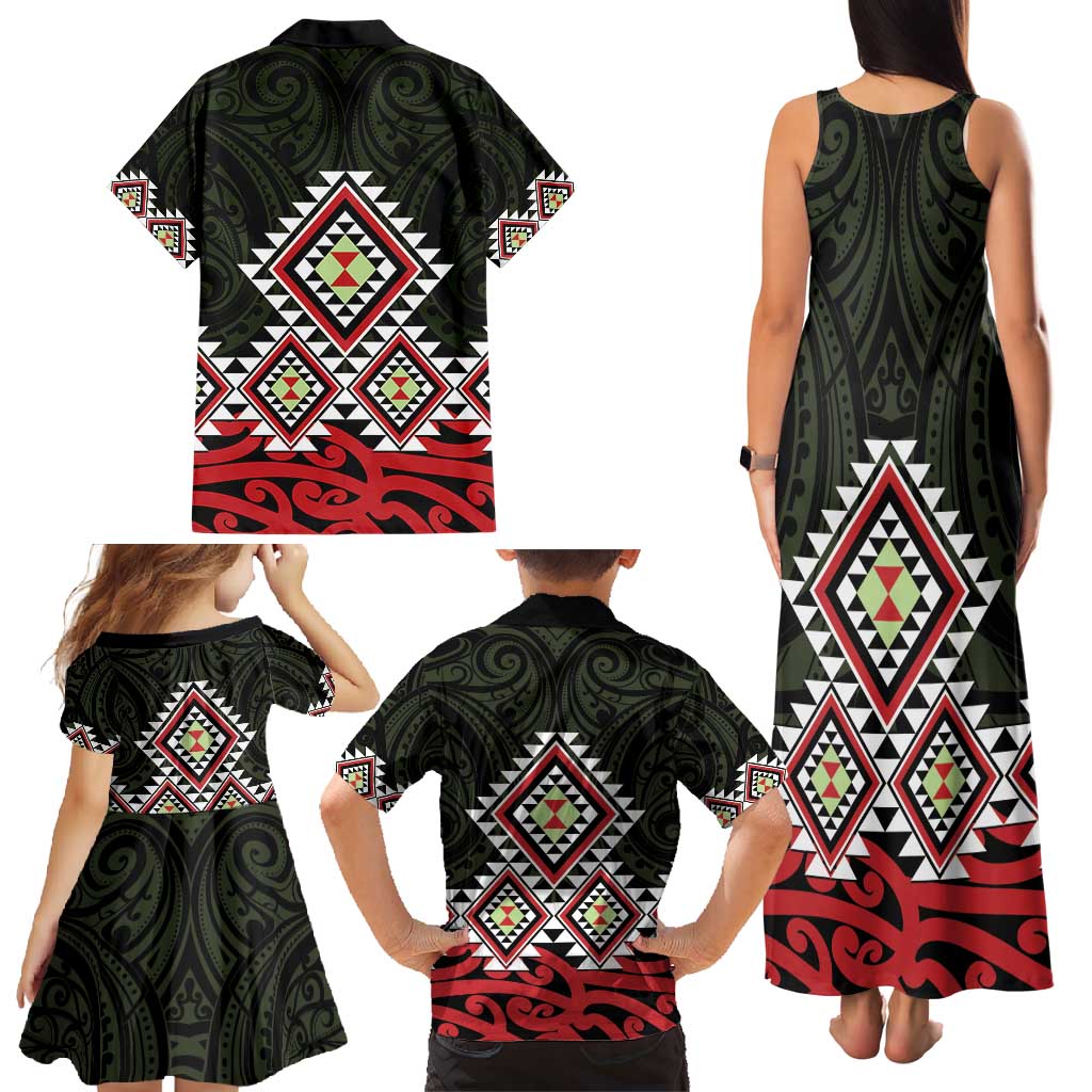 Kia Ora Aotearoa Family Matching Tank Maxi Dress and Hawaiian Shirt 2025 Pasifika Maori Taniko Motifs