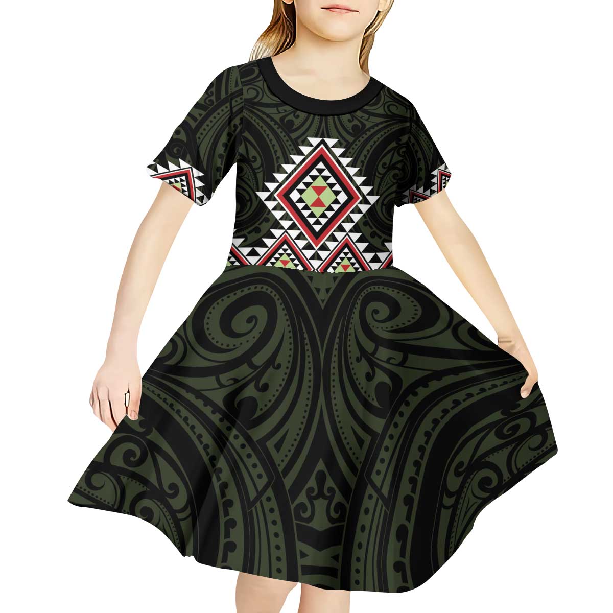 Kia Ora Aotearoa Kid Short Sleeve Dress 2025 Pasifika Maori Taniko Motifs - Vibe Hoodie Shop