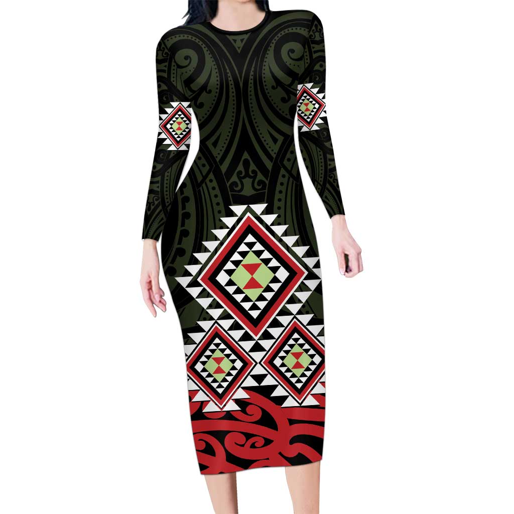 Kia Ora Aotearoa Long Sleeve Bodycon Dress 2025 Pasifika Maori Taniko Motifs