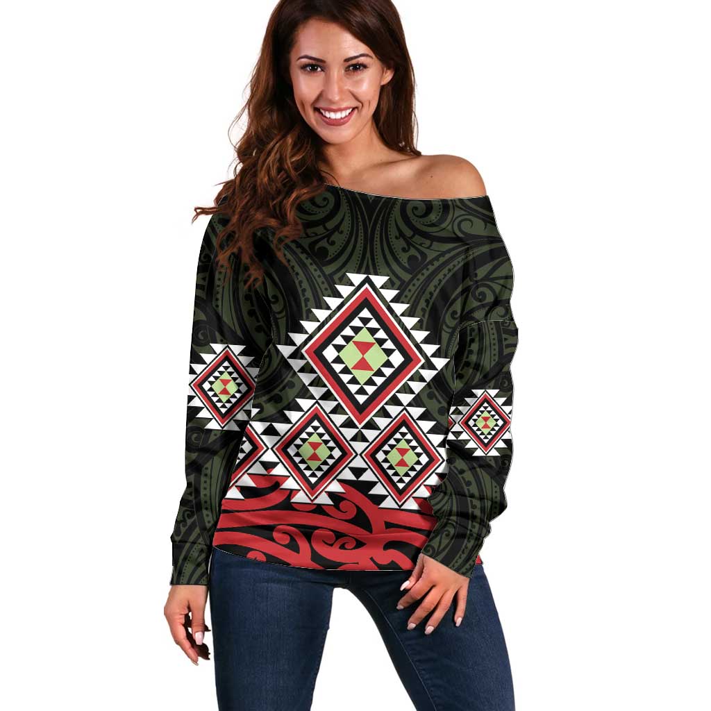 Kia Ora Aotearoa Off Shoulder Sweater 2025 Pasifika Maori Taniko Motifs - Vibe Hoodie Shop