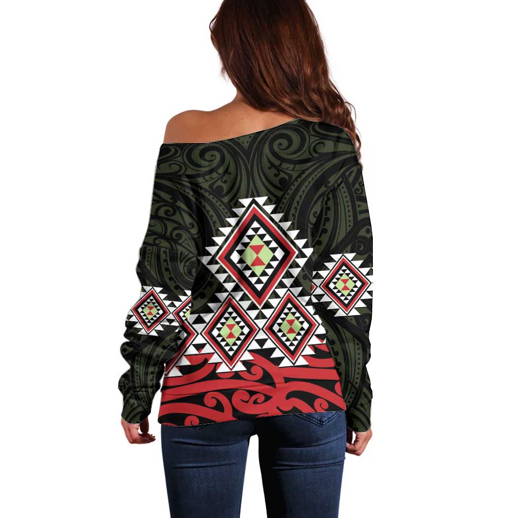 Kia Ora Aotearoa Off Shoulder Sweater 2025 Pasifika Maori Taniko Motifs - Vibe Hoodie Shop