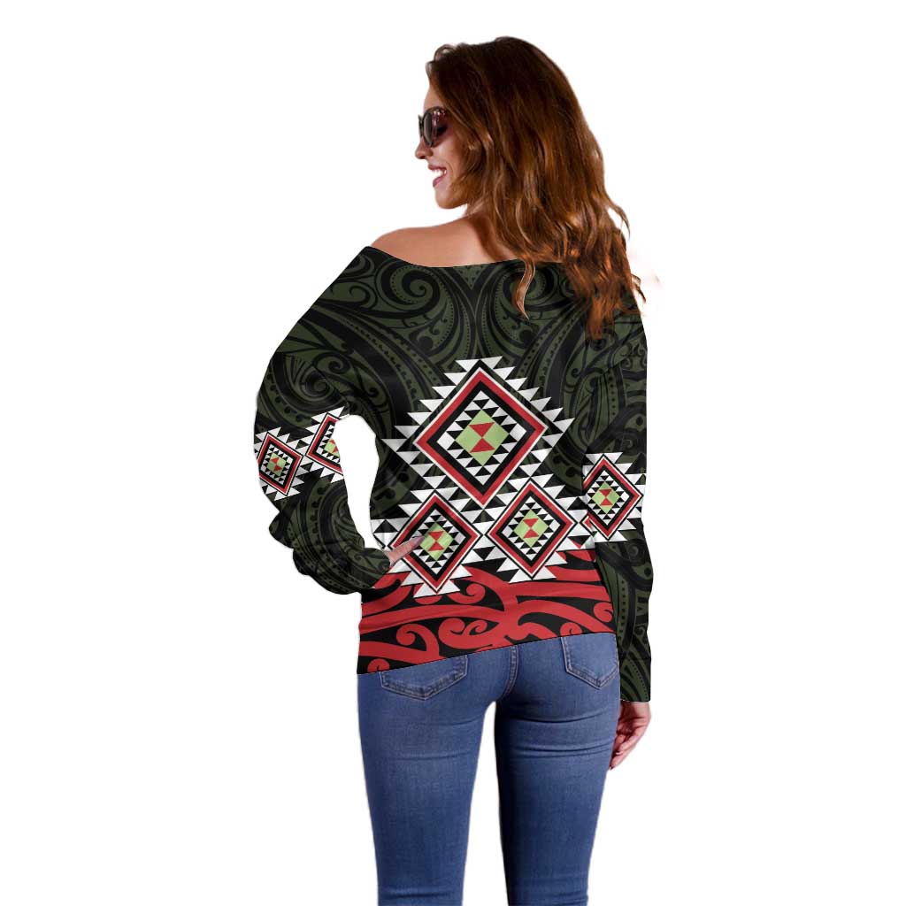 Kia Ora Aotearoa Off Shoulder Sweater 2025 Pasifika Maori Taniko Motifs - Vibe Hoodie Shop