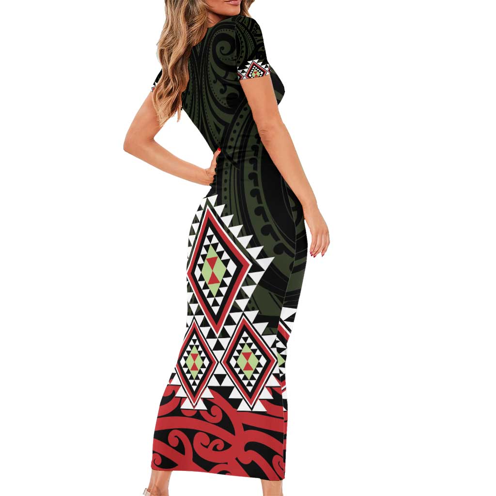 Kia Ora Aotearoa Short Sleeve Bodycon Dress 2025 Pasifika Maori Taniko Motifs