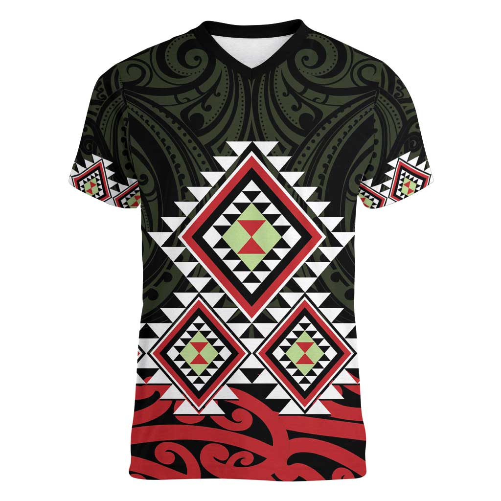 Kia Ora Aotearoa Women V-Neck T-Shirt 2025 Pasifika Maori Taniko Motifs - Vibe Hoodie Shop