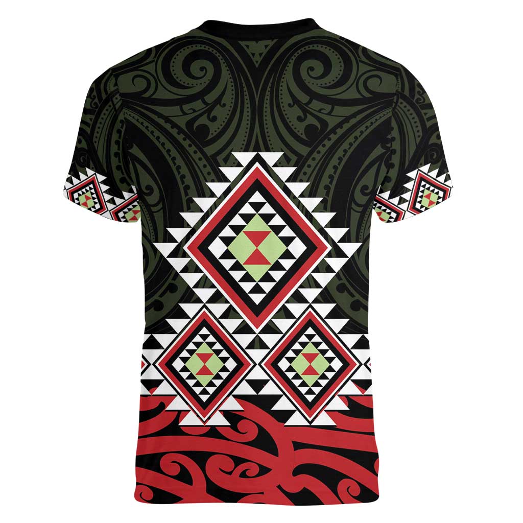 Kia Ora Aotearoa Women V-Neck T-Shirt 2025 Pasifika Maori Taniko Motifs - Vibe Hoodie Shop