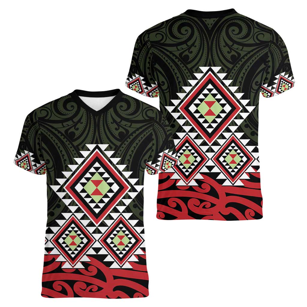 Kia Ora Aotearoa Women V-Neck T-Shirt 2025 Pasifika Maori Taniko Motifs - Vibe Hoodie Shop