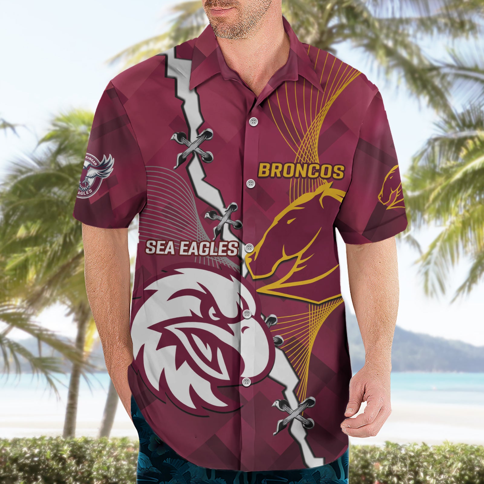 Personalised Broncos And Eagles Rugby Hawaiian Shirt Sporty Version - Vibe Hoodie Shop