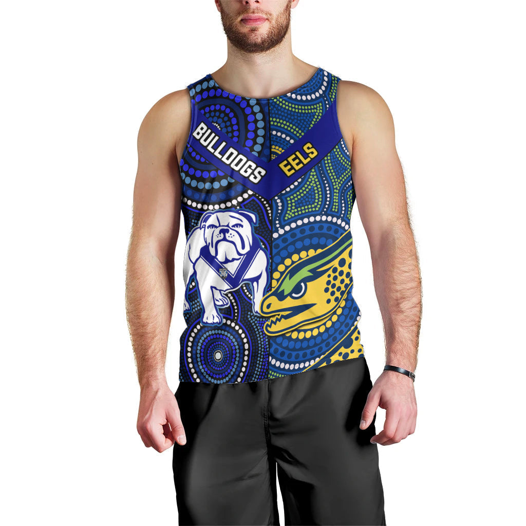 Personalised Bulldogs Mix Parramatta Eels Rugby Men Tank Top Aboriginal Version - Vibe Hoodie Shop