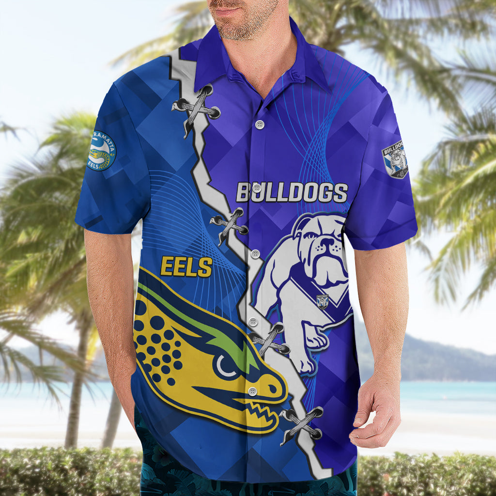 Personalised Bulldogs Mix Parramatta Eels Rugby Hawaiian Shirt Sporty Version - Vibe Hoodie Shop