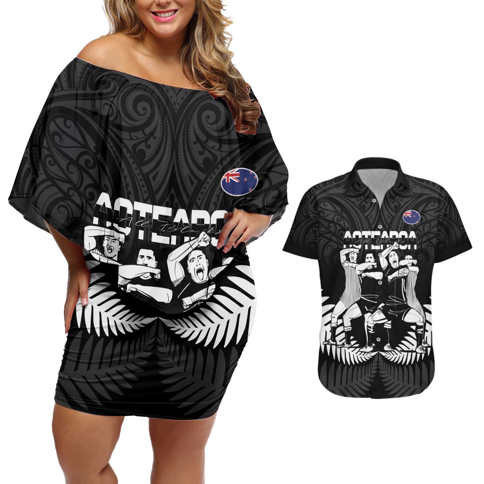 New Zealand Silver Fern Rugby Couples Matching Off Shoulder Short Dress and Hawaiian Shirt Haka Dance With Aotearoa Maori Pattern