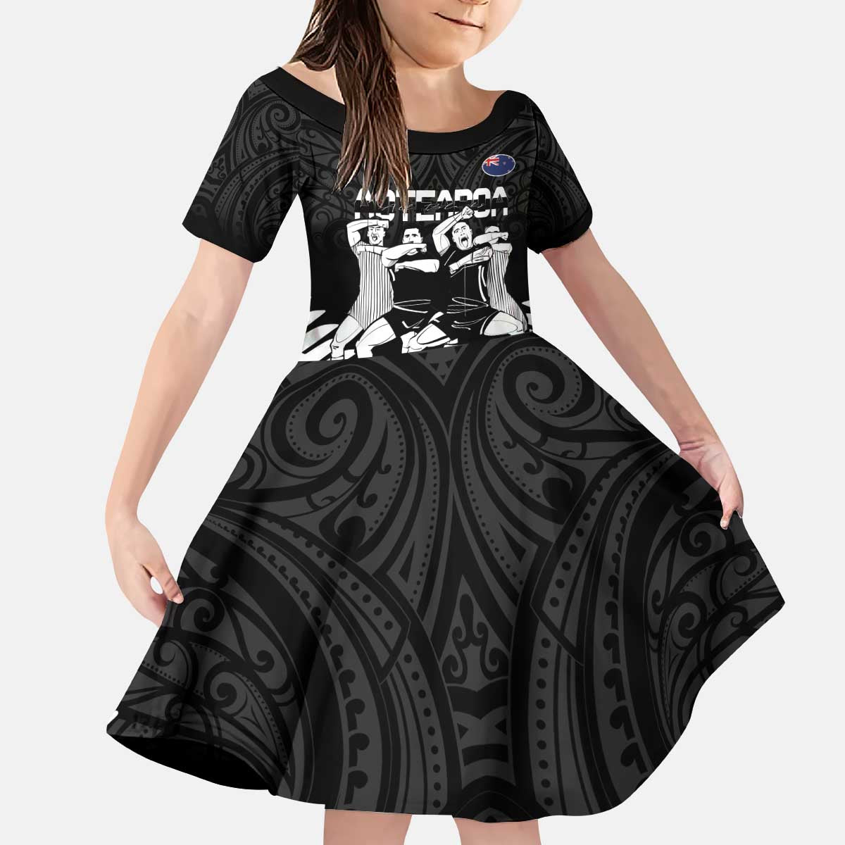 New Zealand Silver Fern Rugby Kid Short Sleeve Dress Haka Dance With Aotearoa Maori Pattern - Vibe Hoodie Shop