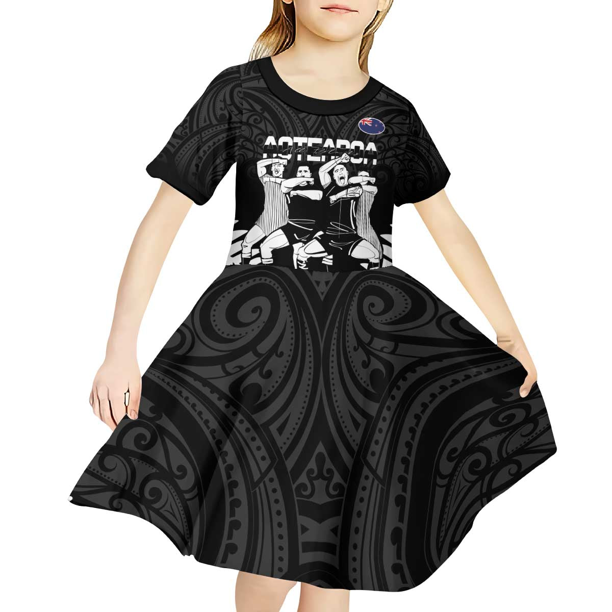 New Zealand Silver Fern Rugby Kid Short Sleeve Dress Haka Dance With Aotearoa Maori Pattern - Vibe Hoodie Shop