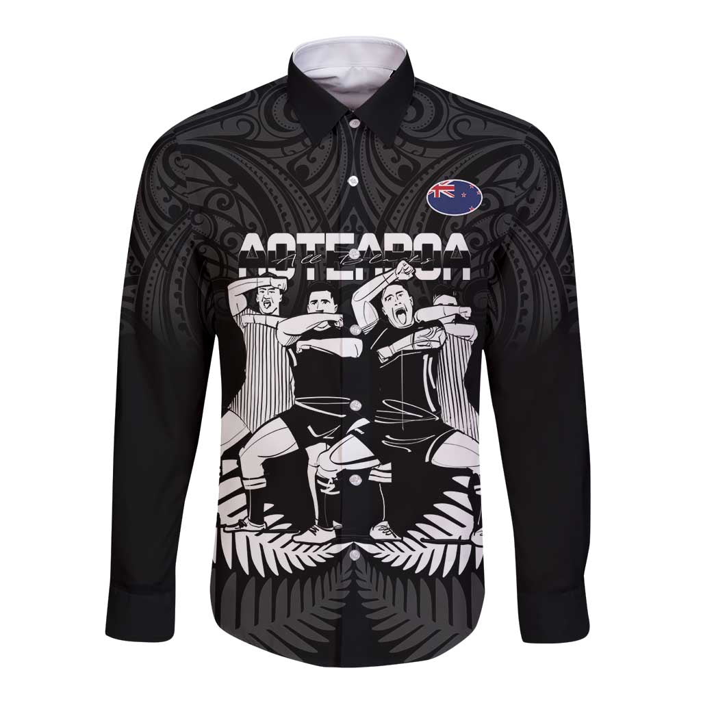 New Zealand Silver Fern Rugby Long Sleeve Button Shirt Haka Dance With Aotearoa Maori Pattern - Vibe Hoodie Shop